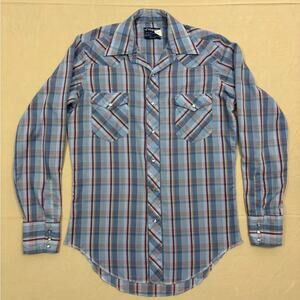 Wrangler Vintage Blue and Red Plaid Casual Button Down Shirt Size Medium 15 x 34